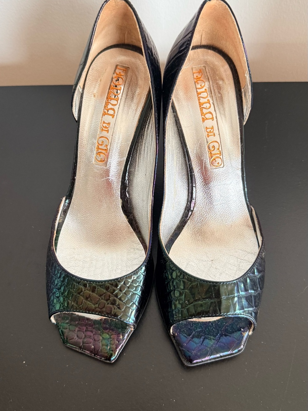 Iridescent Croc-Embossed Open-Toe Heels in Black/Green
